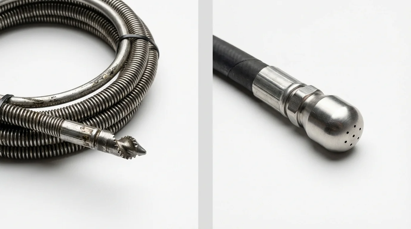 Drain snake cable and hydro jetting nozzle used for drain cleaning in Montpelier, OH