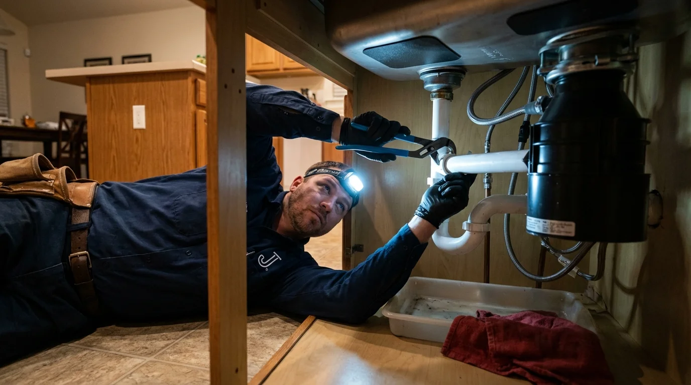 P-trap and supply line connections under a kitchen sink showing a common leak point in Montpelier, OH